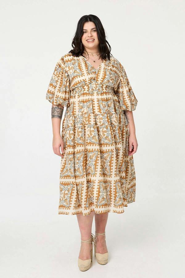 Mustard | Mosaic Print 1/2 Puff Sleeve Midi Dress
