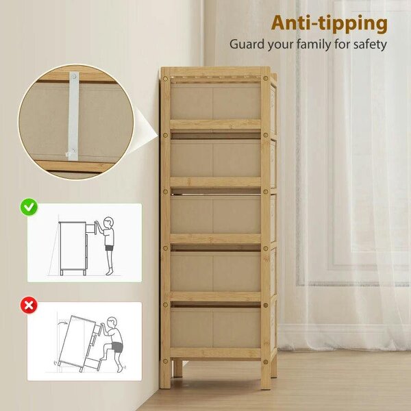 Chest of Drawers, 5 Fabric Drawers Narrow Dresser with Bamboo Frame, Cream White