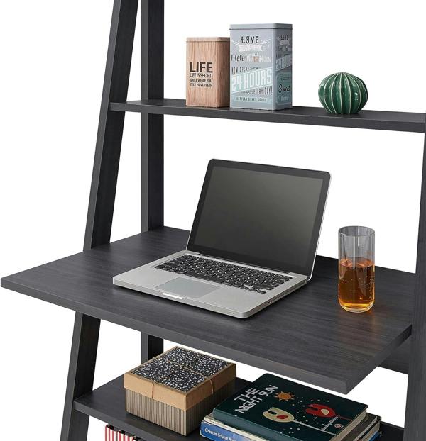 Timber Art Design Riva Ladder Bookcase with 5 Tier Shelves & Overhanging Desk Shelf