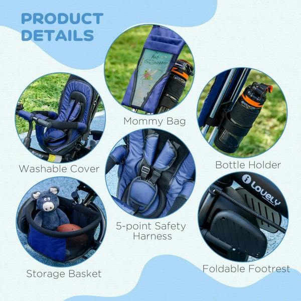 Kids trike push bike accessory details: safety harness, storage basket, bottle holder, foldable footrest