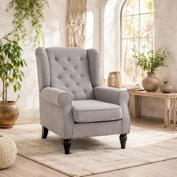 Wyld Haus Diveco Fabric Grey Wingback Accent Chair With Button Tufting And Wooden Frame