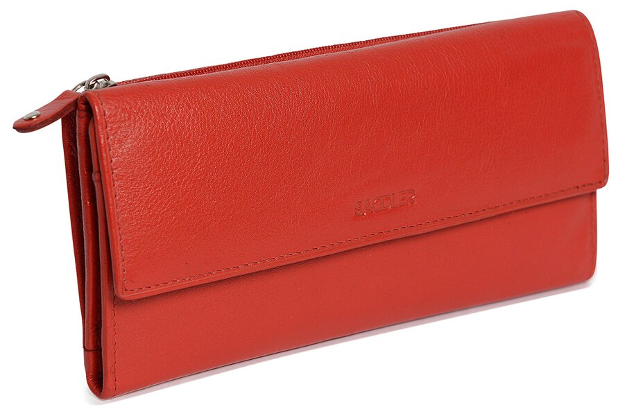 SADDLER CLAIRE Long Leather Trifold Purse - 18 Card Slots, Dual Zip Pockets, and Note Sections - RFID Protected - Red