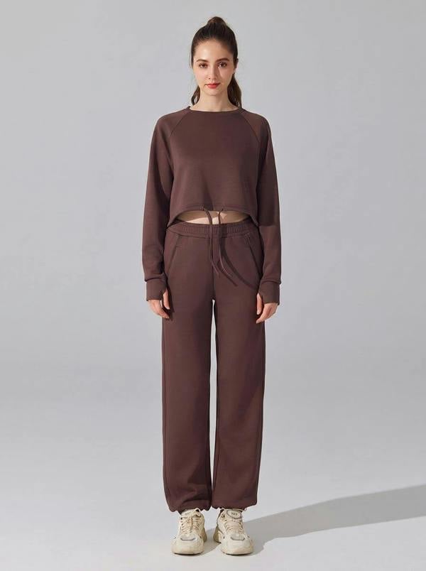 Anniou Women's Cropped Drawstring Sweat Set - Brown