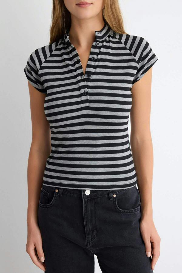 WOVCOR Fitted Mandarin Collar Raglan Short Sleeve Ribbed Blouse