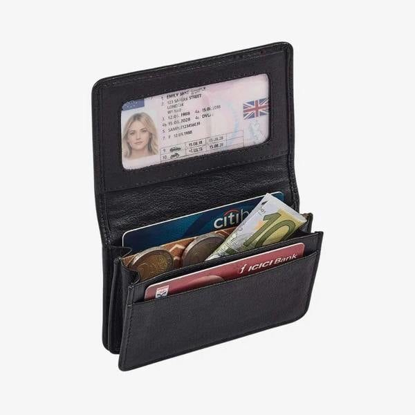 Black leather card holder with two card slots and note sections