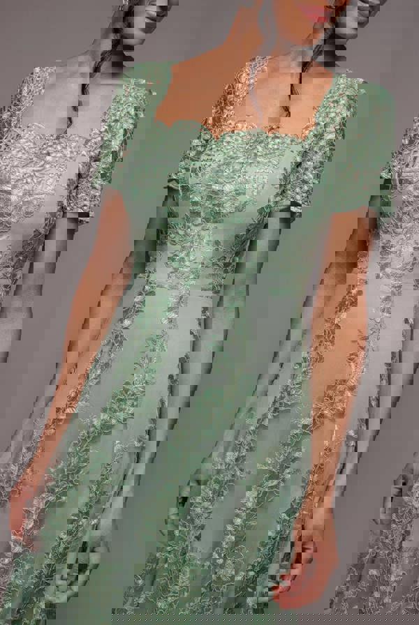 Scalloped Neck Embroidered Lace High Low Midi Dress - Sage Green DR4265