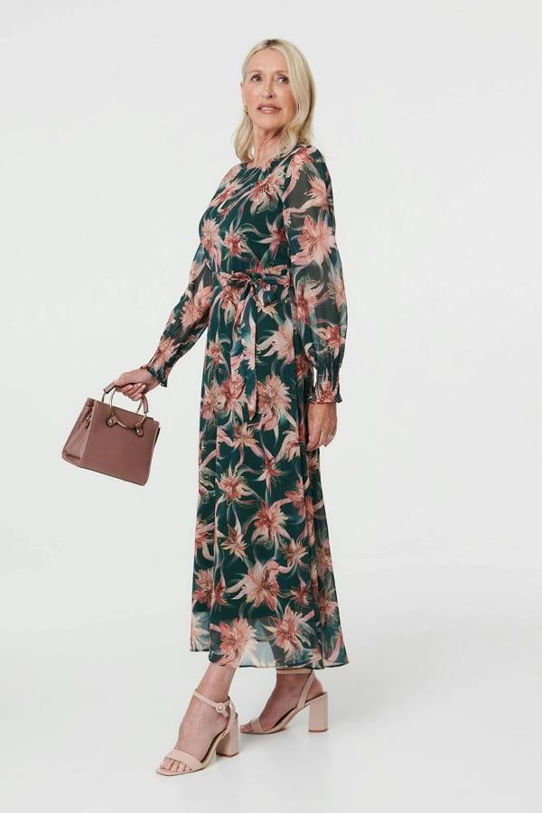 Green | Floral Tie Waist A-Line Maxi Dress