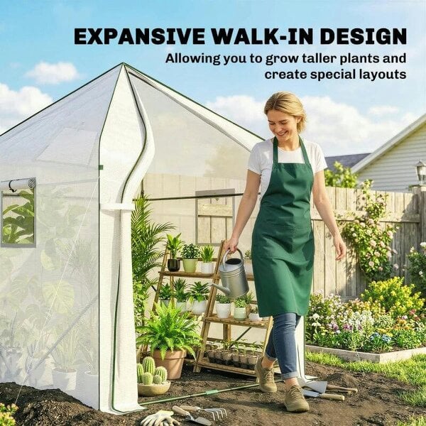 Bobobiy Walk-in Greenhouse for Outdoors with Steel Frame, Large Plant House with Roll-up Door and PE Ground Cover, White