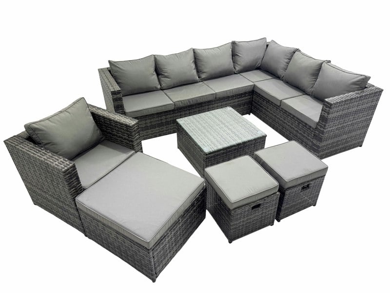 Fimous Outdoor PE Rattan Garden Furniture Sofa Set with Square Coffee Table Chair 3 Stools Dark Grey