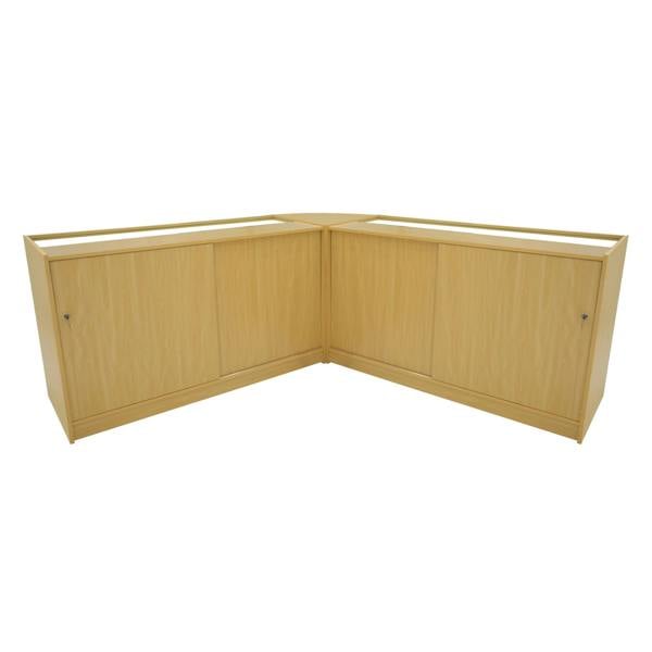 Maple Iris LED shop counter set with two B1500 display units, featuring a sleek corner design and smooth, textured finish