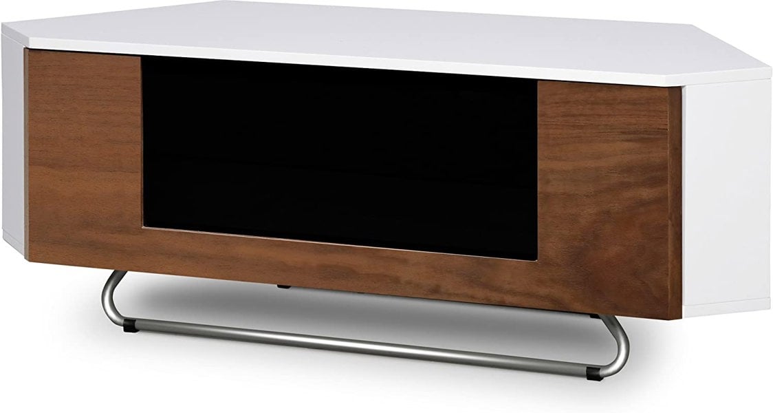 Centurion Supports Hampshire Corner-Friendly Gloss White with Walnut Contrast Beam-Thru Remote Friendly Door 26"-50" Flat Screen TV Cabinet