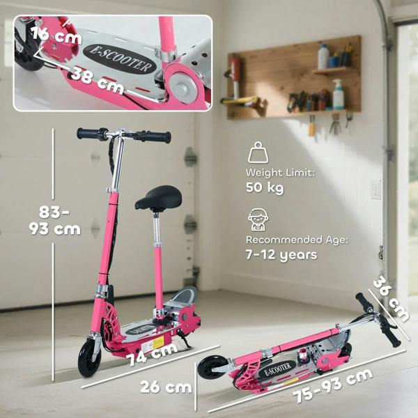 Pink foldable electric scooter with adjustable seat and wide foot deck