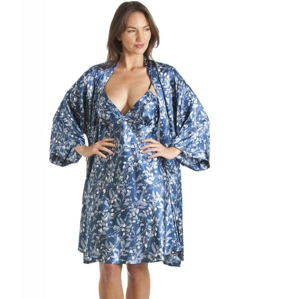 Luxury Kimono Style Blue Floral Satin Chemise And Wrap Set