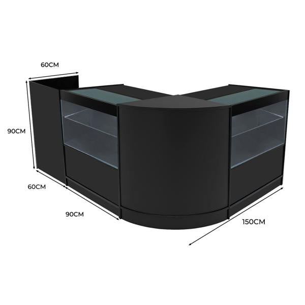 Black Phoenix LED Shop Counter Set featuring sleek curved design, glass display sections, and dimensions of 150cm x 90cm x 60cm