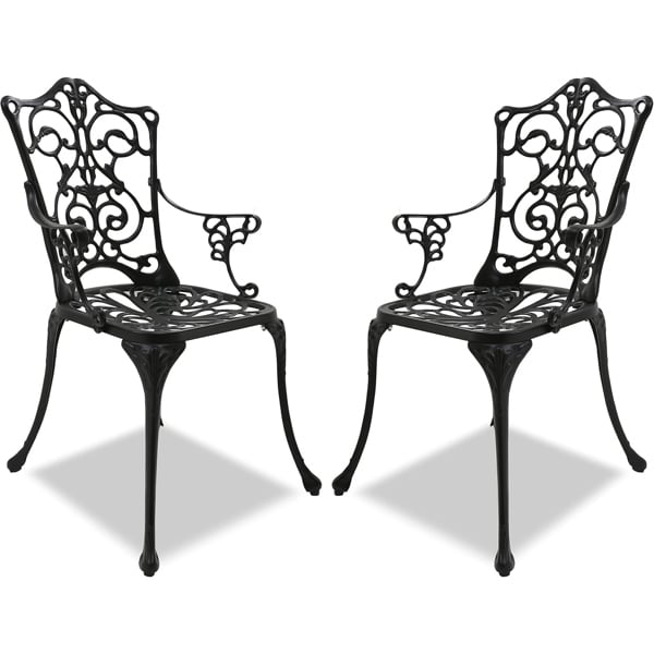 Homeology Tabreez 2-Large Garden and Patio Bistro Chairs with Armrests in Cast Aluminium Black