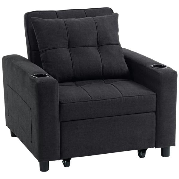 Black single sofa bed chair with padded arms, tufted back, and four legs