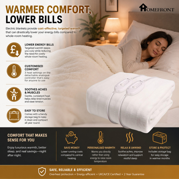 Homefront Electric Blanket Double Size Dual Control, Built In Advanced Overheat Protection System with Auto Safety Shut Off