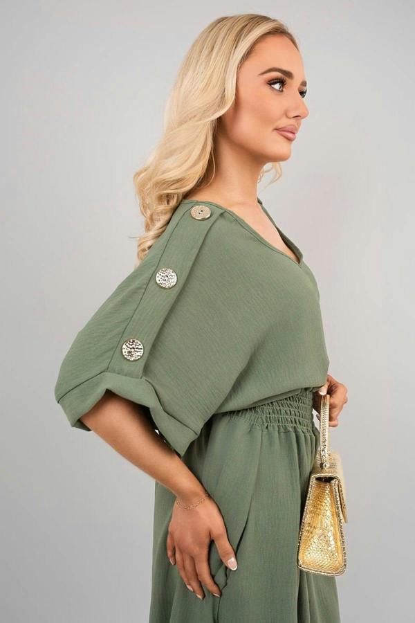 Zamara V Neck Short Sleeve Maxi Dress With Button Detail - Khaki