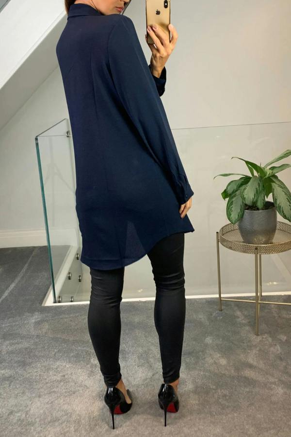 Hoxton Gal Oversized Tunic Shirt with Tie in Navy