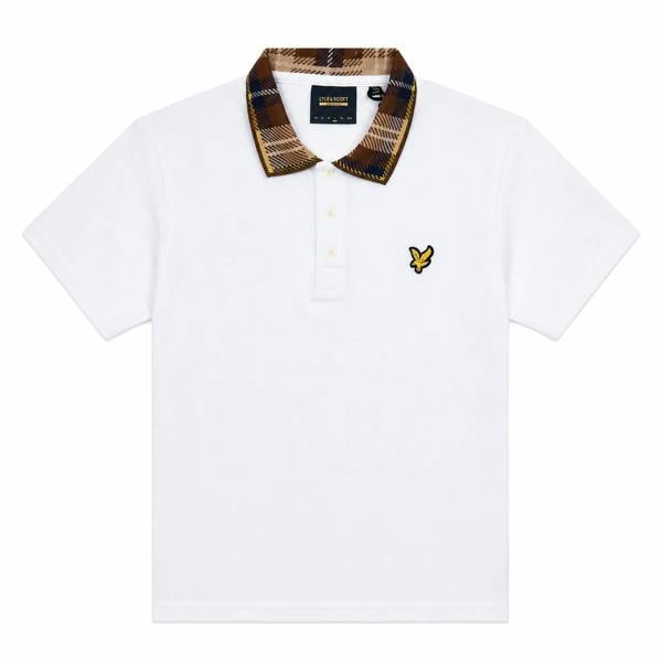 White Lyle & Scott tartan collar polo shirt with a brown check collar, three-button placket and gold eagle embroidery.