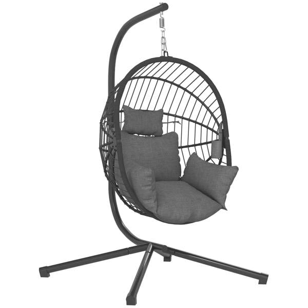 Grey hanging egg chair with padded seat and back cushions on metal stand.