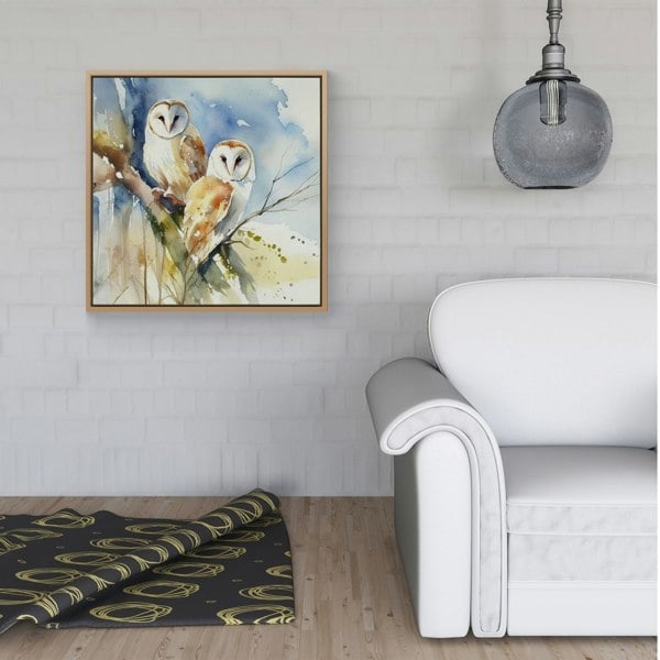 Warren Reed Barn Owls Watercolour Framed Canvas