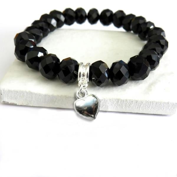 Aye Do Gifts Black Crystal Beaded Heart Charm Bracelet