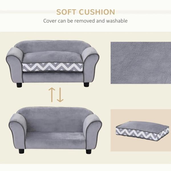 Grey pet sofa bed with removable, washable soft cushion cover; cushion shown