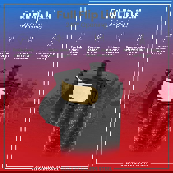 A black, slim stainless steel water bottle with a beige band and "Saints Who Dat?" printed on it, features a 240° opening flip lid, sits away from the face for safe drinking on the go, against a background of blurry American football players.