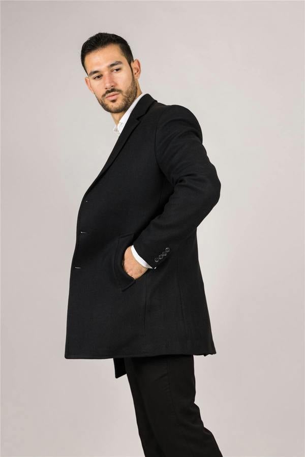 Infinity Leather Men's Notched Lapel Collar Wool Blend Black Overcoat