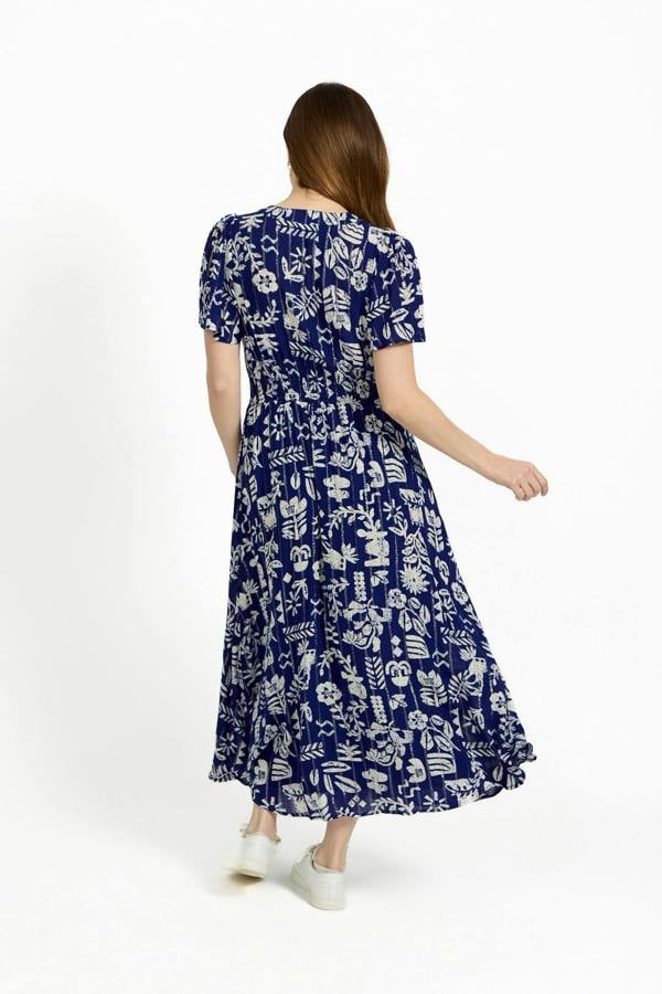 Mudflower Leaf Print Button-Up V-Neck Lurex Dress