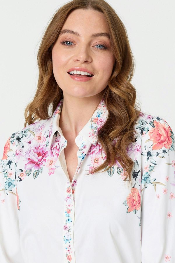 White | Floral Border Print Long Sleeve Shirt
