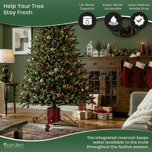 Large Metal Christmas Tree Stand, Glittery Red Finish, Water Reservoir Base for Real Trees up to 2.5m