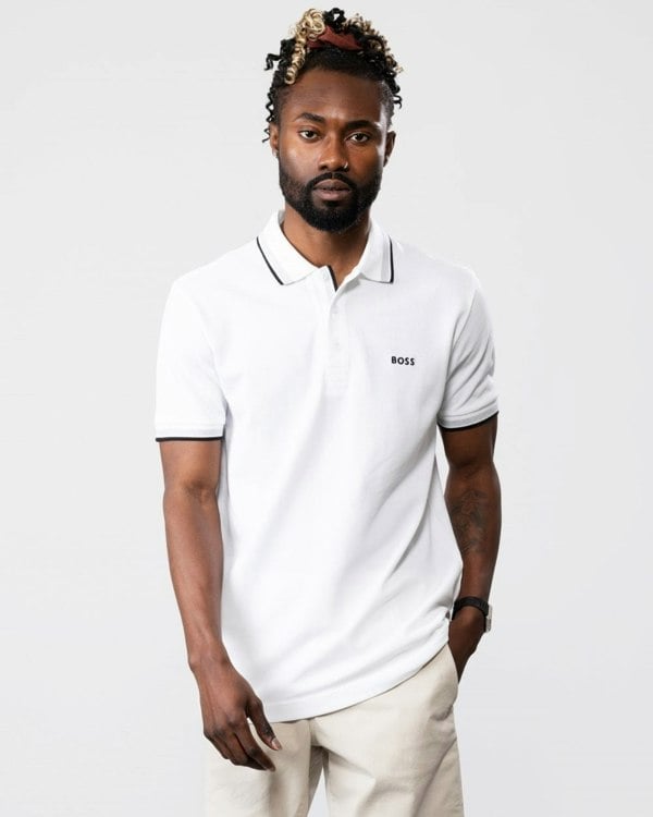 BOSS Green Paddy Mens Cotton-Piqué Polo Shirt with Contrast Logo - White 100