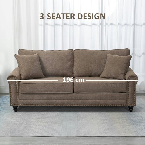 Wyld Haus Soleka Fabric Brown 3 Seater Sofa With Rubberwood Legs Nail Head Trim And 2 Cushions