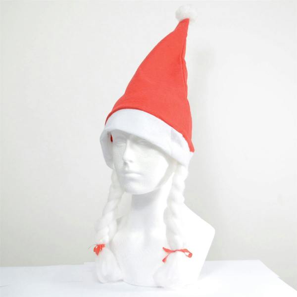 One Size Christmas Santa Hat with Plaits and Ribbon, Red and White Felt Fancy Dress Headwear image 9