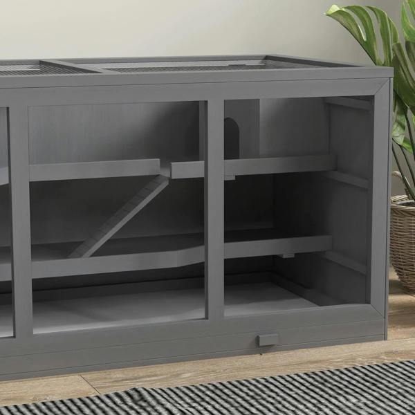 Grey wooden small animal hutch with open front and stepped interior compartments