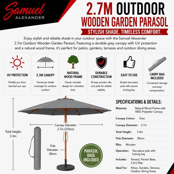 Samuel Alexander 2.7m Outdoor Wooden Garden Parasol Sun Shade with Carry Bag in Grey with 9kg Base Included