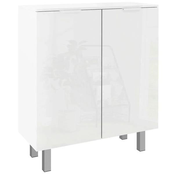 White five-shelf shoe storage cupboard with two doors and metal feet