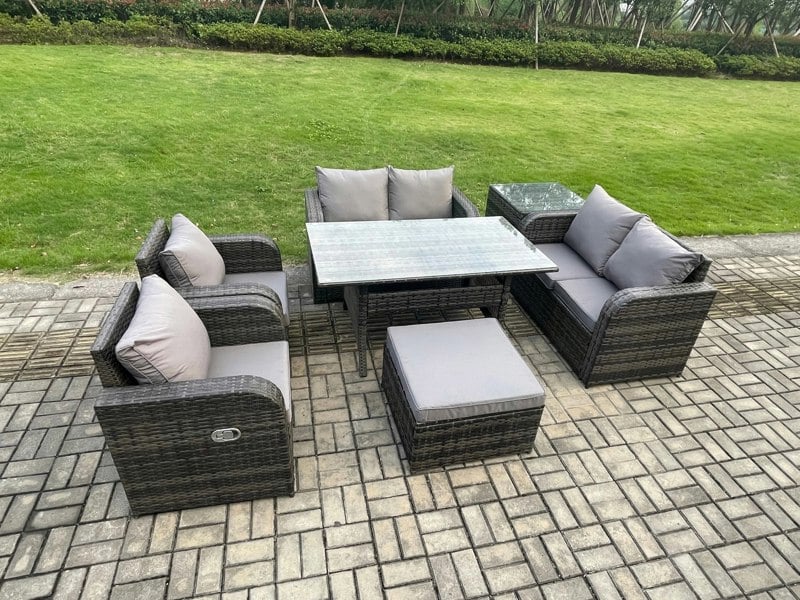 Fimous Rattan Outdoor Furniture Garden Dining Set Rectangular Table and Chair Sofa Set With Side Table Big Footstool Dark Grey Mixed