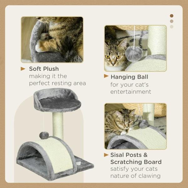 Grey cat tree with plush hideout, sisal scratching post, and hanging toy ball