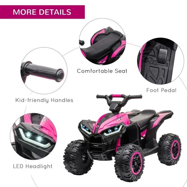 Pink 12V ride-on quad bike with LED headlight, padded seat, and foot pedal