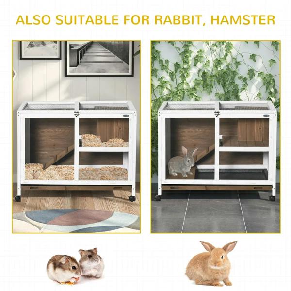 Brown wooden rabbit hutch with mesh top and ramp, shown with small pets inside