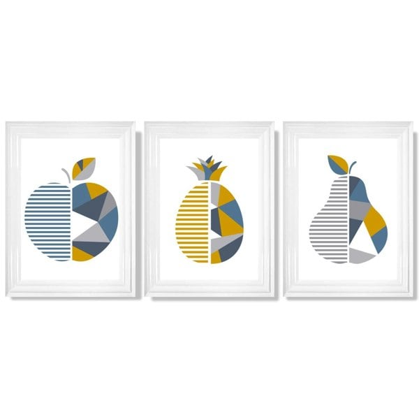 Artze Wall Art Set of 3 Blue & Yellow Geometric Fruit Framed Prints