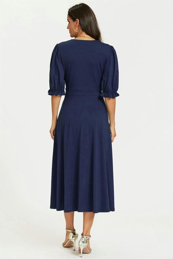 FS Collection Half Sleeves Jersey Midi Dress with Wrap Neckline In Navy