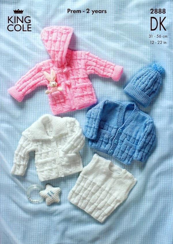 King Cole Baby Knitting Pattern 2888, Headwear, Jackets, Tops, Cardigans, Slipovers for Baby, Premature - 2 Years - Intermediate
