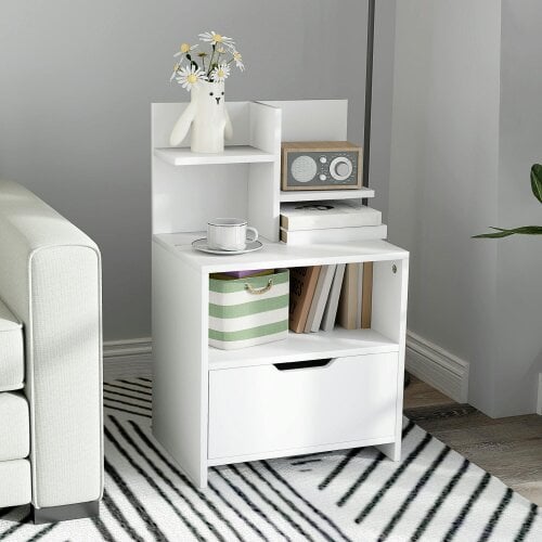 HOMCOM Modern Bedside Table, Nightstand with Drawer and Shelf, White
