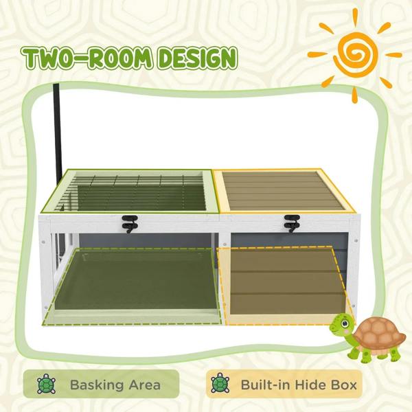 Two-compartment tortoise habitat table top view with wire basking area and latches.
