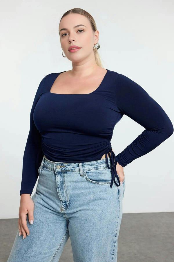 WOVCOR Square Neck Plus Size Knitted Blouse with Gathered Sides