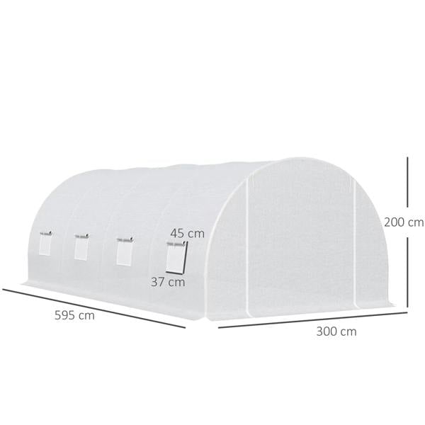 White polytunnel greenhouse tent showing length and height measurements